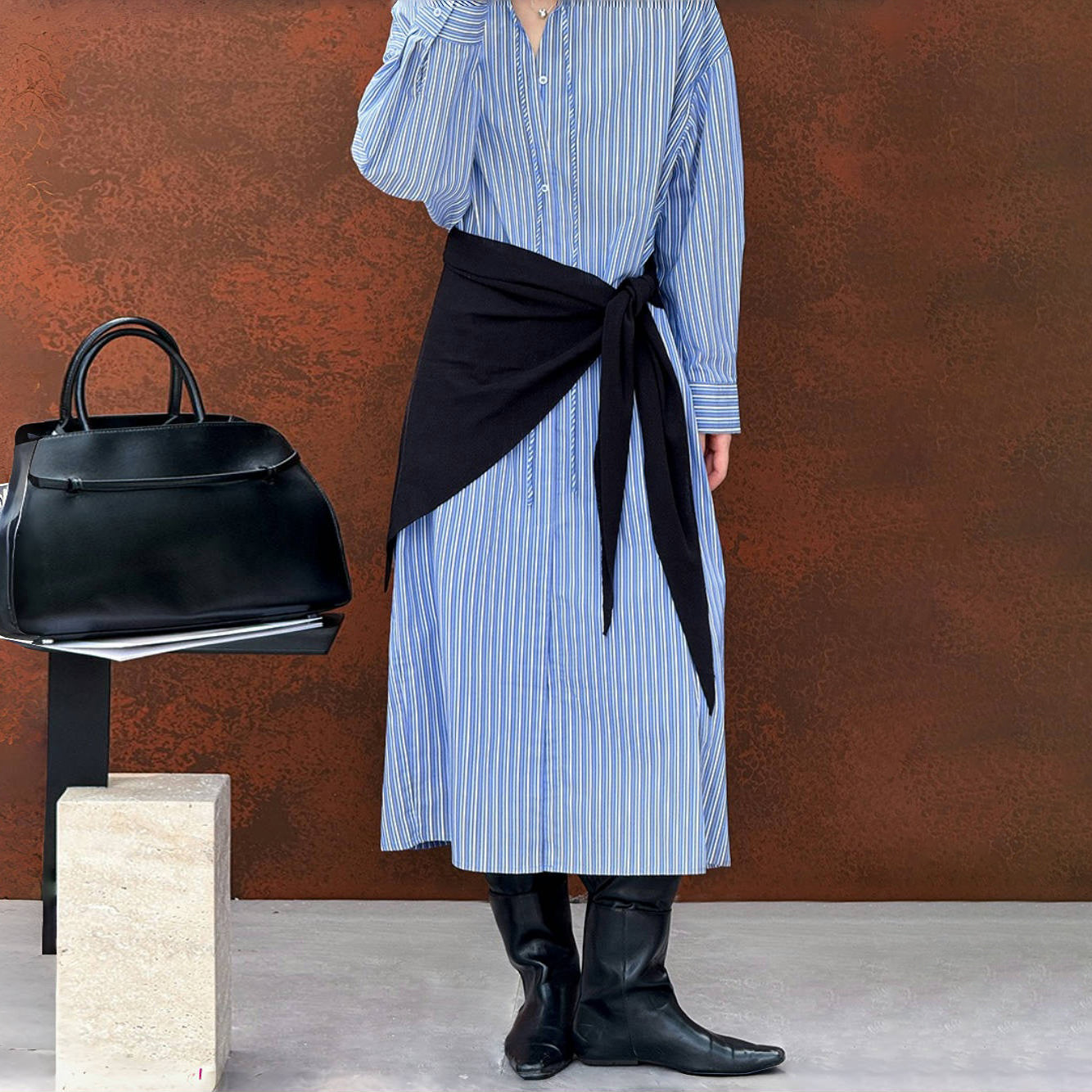 【ワンピース】秋先取り ロング丈 ストライプ 開襟長袖 シャツワンピース ゆるっとおしゃれ 着痩せデザイン【JZシリーズ】