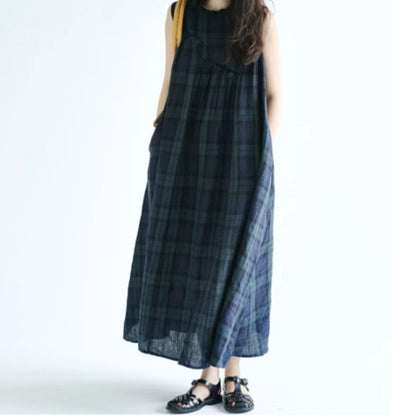 【ワンピース】チェック柄ノースリーブワンピース レディース 夏 大きいサイズ フリル切替 ゆったり ロング丈【JZシリーズ】