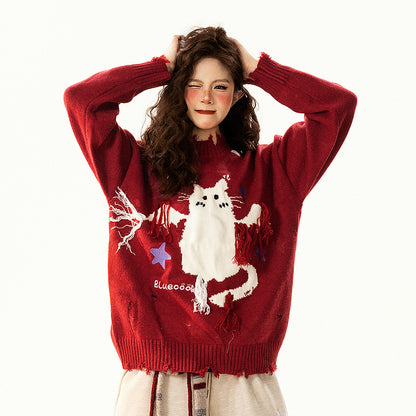 【トップス】レトロ 猫柄ジャカード クルーネック ニット レディース フリンジデザイン ゆったり 着回し セーター【FCシリーズ】