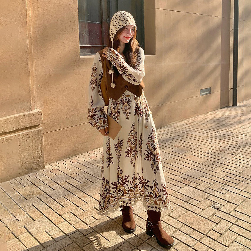 【セットアップ】ボヘミアン民族風ベスト＋花柄ワンピース レディース 春秋 個性的で華やか 絶美長袖ワンピース【SHシリーズ】