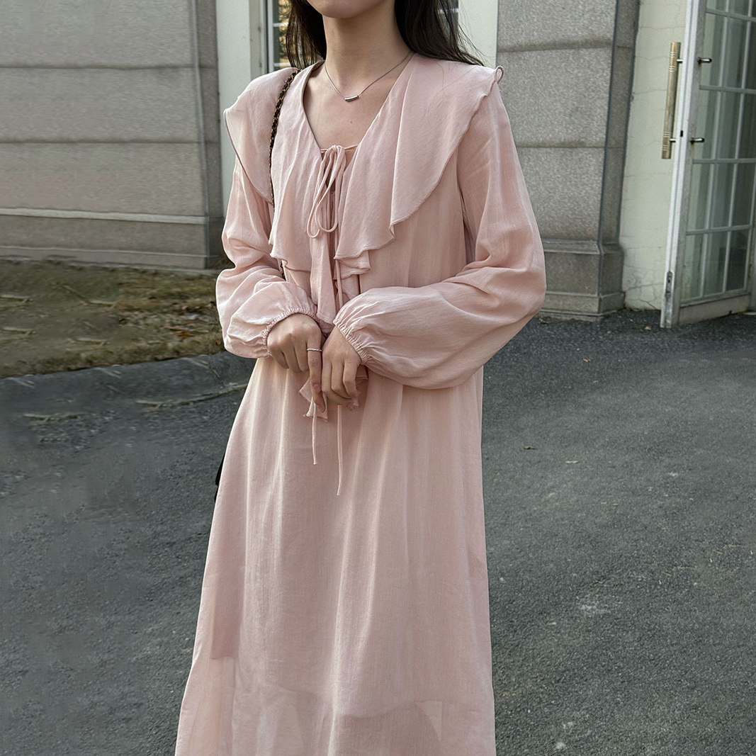 【ワンピース】フレンチシンプル 春新作 レーヨン フリルVネック バルーンスリーブ ラフ感 長袖 ロングワンピース【JZシリーズ】