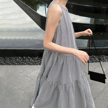 【ワンピース】トロシンプル ストライプ柄 細見え 夏新作 ゆる感 ノースリーブワンピース【JZシリーズ】