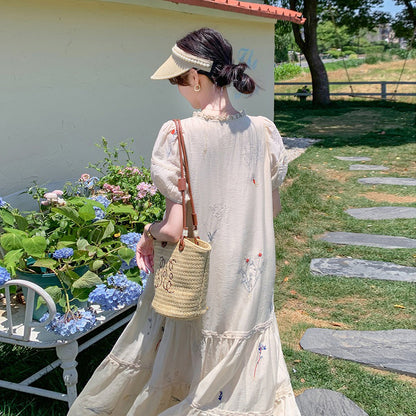 【ワンピース】フレンチレトロ 刺繍花柄ワンピース レディース ミモレ丈 ゆったり 体型カバー 着痩せ Aライン 夏ワンピース【SHシリーズ】