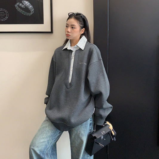 【トップス】フェイクレイヤード  プルオーバー 折り返し襟 スウェット 【FCシリーズ】