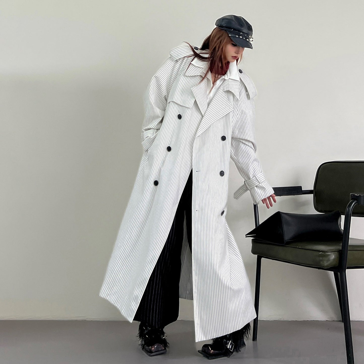 【アウター】韓国風 ストライプ ダブルボタン ベルト付き ロングトレンチコート【FCシリーズ】【10～15日内発送】