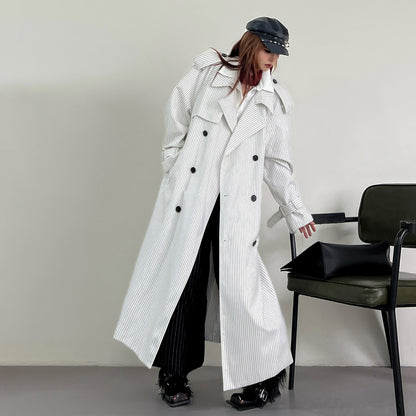 【アウター】韓国風 ストライプ ダブルボタン ベルト付き ロングトレンチコート【FCシリーズ】【10～15日内発送】