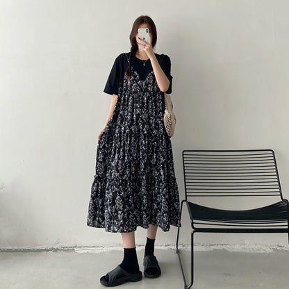 【ワンピース】フレンチ花柄シフォンワンピース レディース 夏 フェミニン 半袖 ロング丈 体型カバー 上品ワンピース【JZシリーズ】