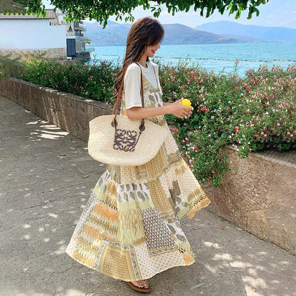 2点セット！【セットアップ】優しげリゾート風 夏新作 Tシャツ＋花柄 ノースリーブワンピースセット【SHシリーズ】