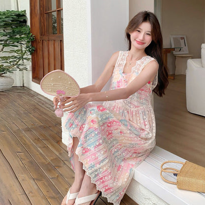 2点セット！【セットアップ】今年のトレンド 油絵プリントワンピース＋メッシュワンピース 高級感 レイヤード 2点セット【SHシリーズ】