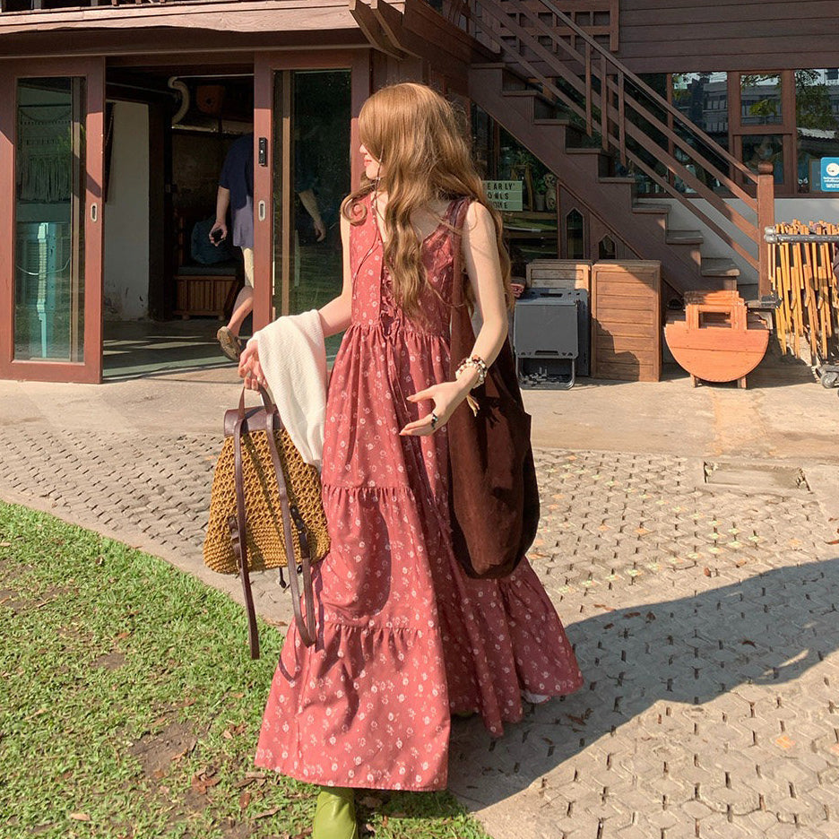 M~4XL【セットアップ】【単品注文】フレンチシック花柄ワンピース レディース 夏 キャミソールロングワンピース リゾートスタイル ウエストリボン エレガント【SHシリーズ】