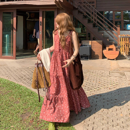 M~4XL【セットアップ】【単品注文】フレンチシック花柄ワンピース レディース 夏 キャミソールロングワンピース リゾートスタイル ウエストリボン エレガント【SHシリーズ】