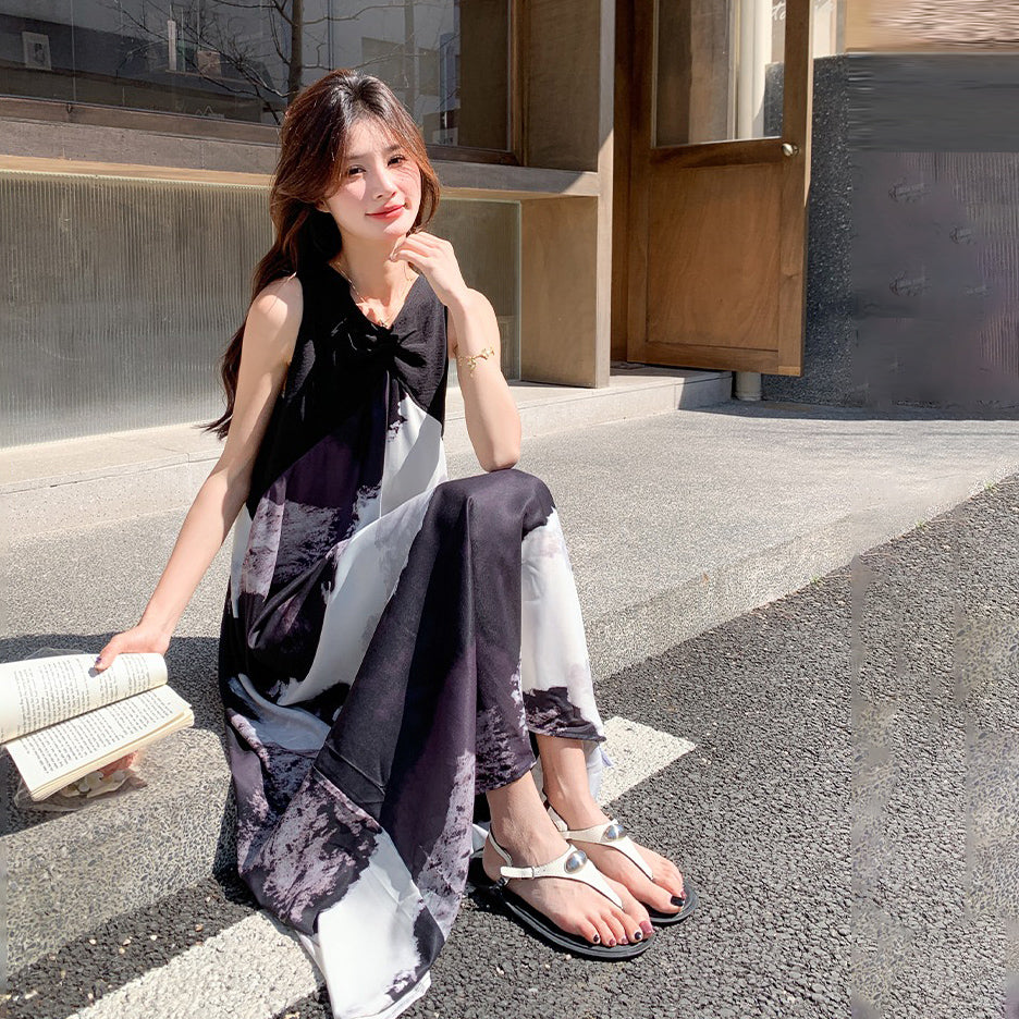 【ワンピース】夏新作 レトロ水墨風プリント リラックス感Vネック ノースリーブワンピース【SHシリーズ】