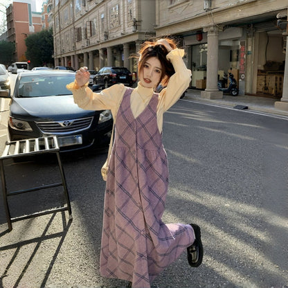 【ワンピース】レトロ スウィート 合わせやすい チェック柄 高級感 ノースリーブワンピース【JZシリーズ】