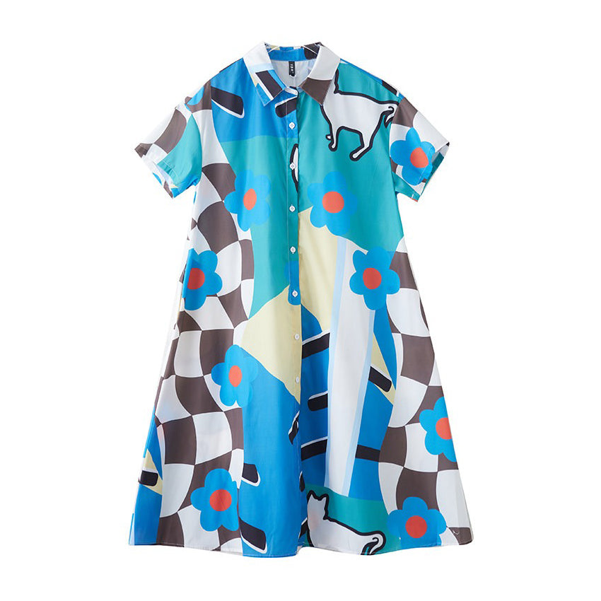 期間限定⭐60%OFF【ワンピース】韓国風 猫プリント シャツドレス 半袖 ワンピース 夏 大きいサイズ 痩せ見え Aライン ミモレ丈 体型カバー お洒落 カジュアル ぽっちゃり【SHシリーズ】