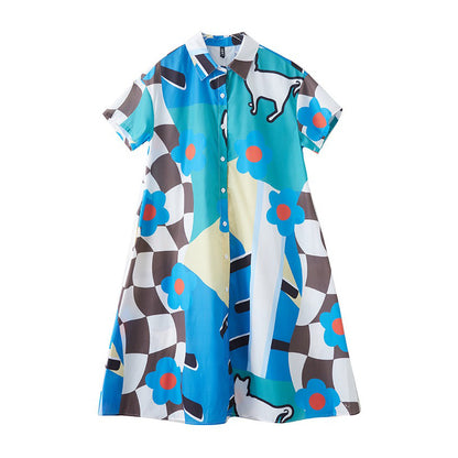 期間限定⭐60%OFF【ワンピース】韓国風 猫プリント シャツドレス 半袖 ワンピース 夏 大きいサイズ 痩せ見え Aライン ミモレ丈 体型カバー お洒落 カジュアル ぽっちゃり【SHシリーズ】