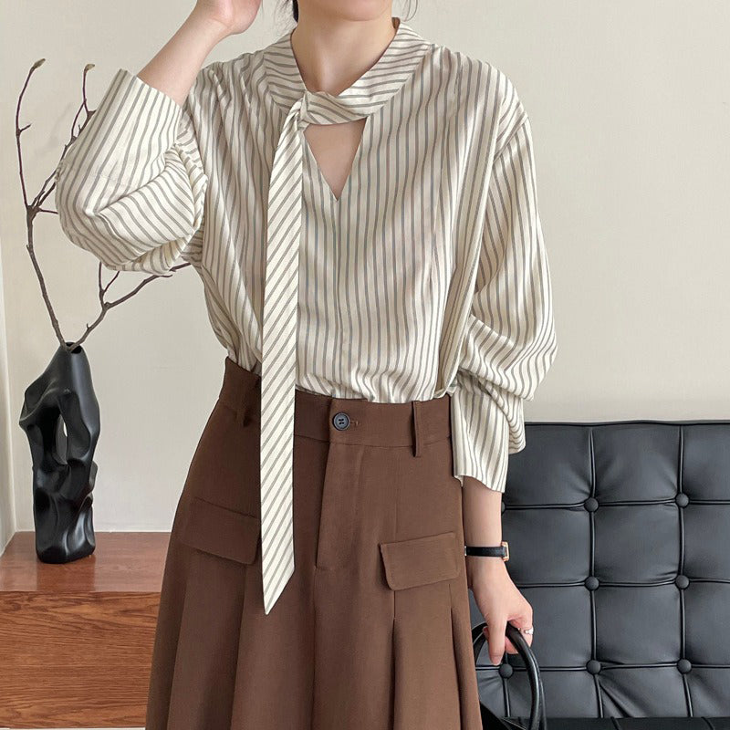 【トップス】韓国系上品デザイン ストライプ柄ボウタイシャツ 長袖シャツ【JZシリーズ】