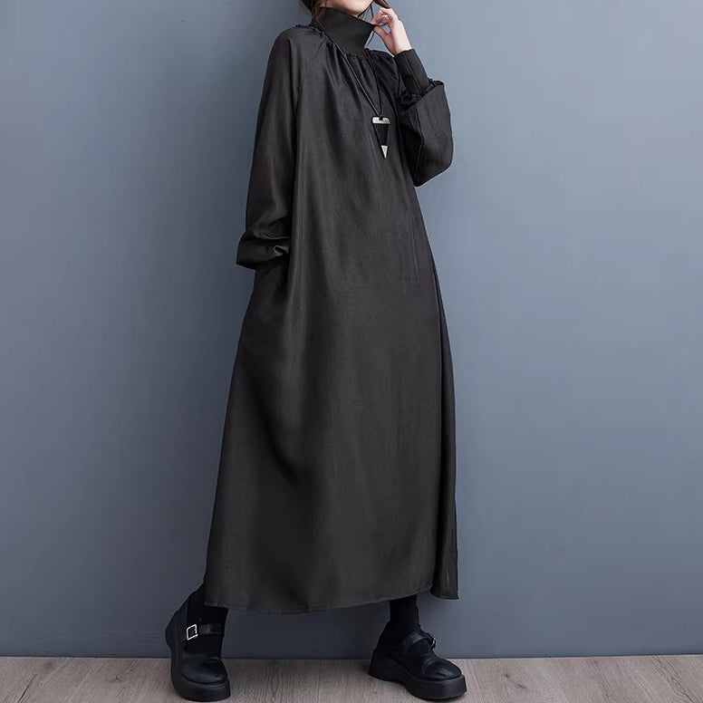 【ワンピース】ハイネック 無地 ロングワンピース 長袖 ゆったり 体型カバー カジュアル レディース【JZシリーズ】