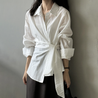 【トップス】テンセルコットン ウエストリボン シャツ レディース 秋新作 開襟シングルボタン ゆったり細見え シャツ【JZシリーズ】