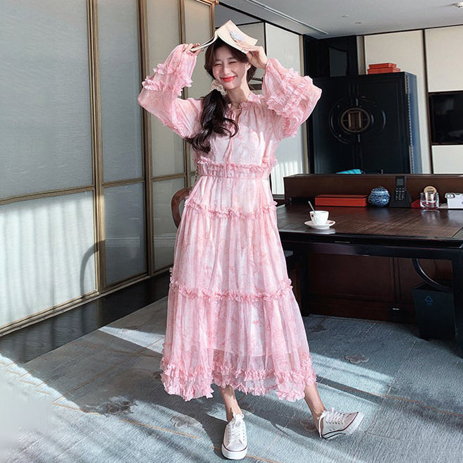 【ワンピース】フレンチ 花柄 長袖ワンピース｜上品 ティアード ロング丈｜ロマンチック ゆるシルエット 体型カバー 映えドレス【SHシリーズ】