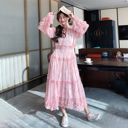 【ワンピース】フレンチ 花柄 長袖ワンピース｜上品 ティアード ロング丈｜ロマンチック ゆるシルエット 体型カバー 映えドレス【SHシリーズ】