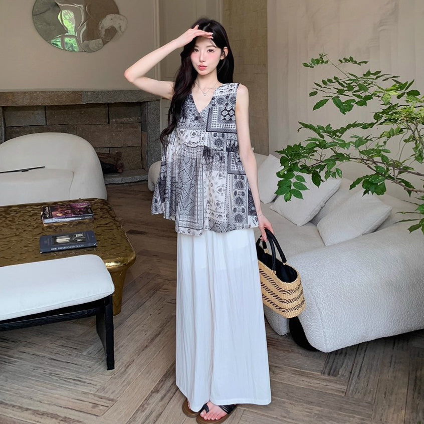 2点セット!【セットアップ】ボヘミアン柄セットアップ レディース 夏 ノースリーブシフォン＋ワイドパンツ 上下セット【SHシリーズ】