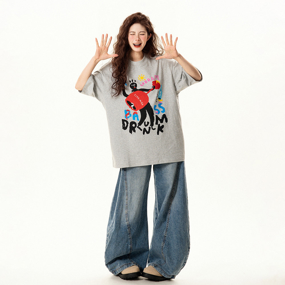 【トップス】アメリカンレトロ 趣味落書きプリント 半袖Tシャツ レディース 夏 ゆったり カジュアル【FCシリーズ】【15〜20日発送】