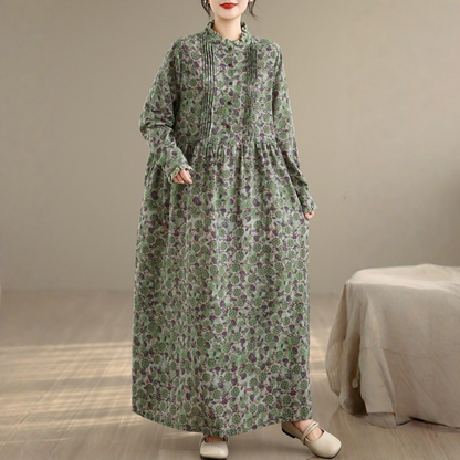 【ワンピース】ロング丈 プリント 上品な雰囲気 リネン素材 長袖 ワンピース 【SHシリーズ】