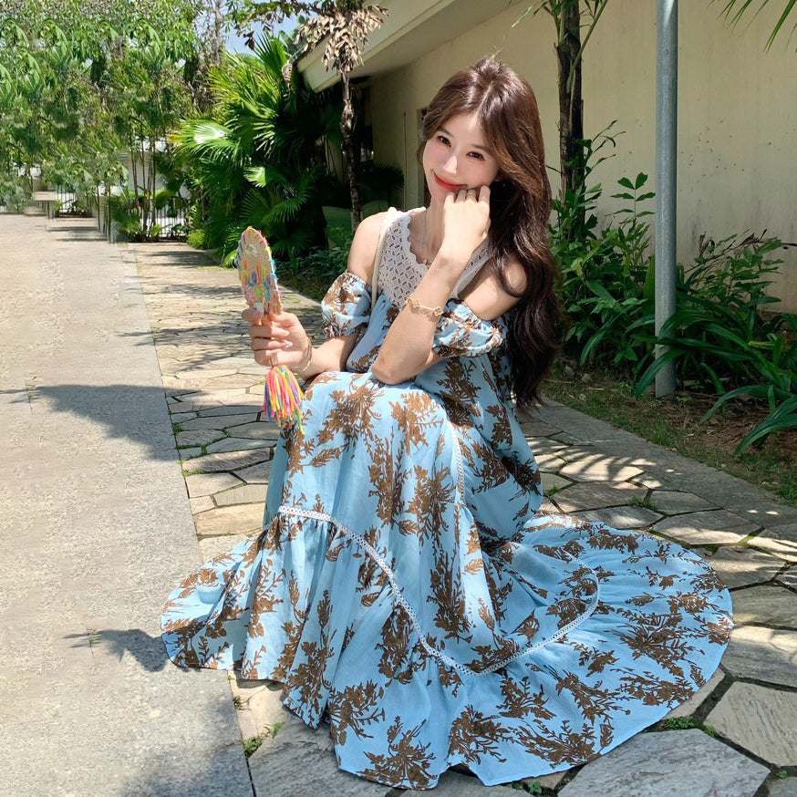 【ワンピース】リゾートワンピース レディース ブルー オフショルダー 花柄プリント レース切替 ロング丈 上品【SHシリーズ】