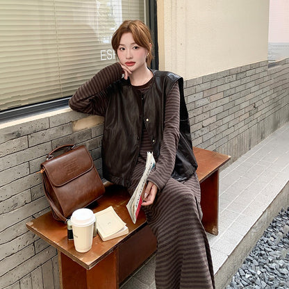 2点セット！【セットアップ】マラード風 おしゃれ レザーベスト＋ストライプワンピース セットアップ  春秋 韓国風 学院風【JZシリーズ】