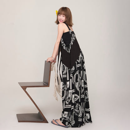 【ボトムス】ミュージックムード漂う Vネックサロペット ゆったりオーバーサイズ 春夏新作 ワイドパンツオールインワン【SHシリーズ】