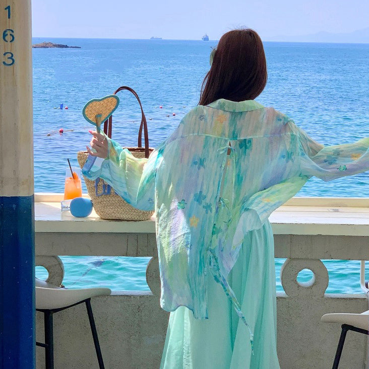 【アウター】花柄 UVカットシャツ 春夏 韓国風 薄手 グラデーション ビーチリゾートアウター【SHシリーズ】