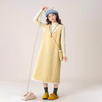 【セットアップ】フレンチ風 インナートップス+  レース付き キャミワンピースセット レディース 冬 上品 2点セット【JZシリーズ】