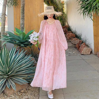 【ワンピース】フェミニン 長袖 花柄ワンピース レディース 春夏秋 シフォン バックオープン ロング丈【SHシリーズ】