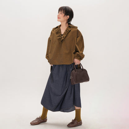【トップス】レトロ文芸チェックシャツ レディース 秋新作 フリルVネック デザイン感 ゆったり長袖 着痩せトップス【JZシリーズ】