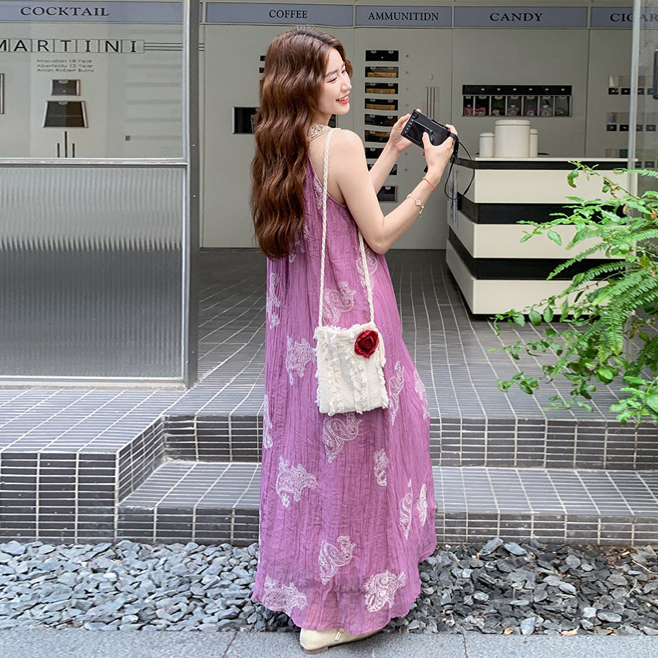 【ワンピース】夏 フレンチ風 ビーチリゾート 旅行  重工刺繍 ビーズ装飾 ノースリーブワンピース【SHシリーズ】