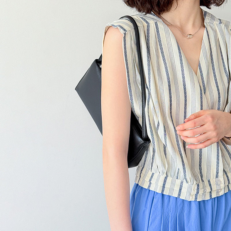 【トップス】ストライプ柄 ノースリーブ シャツ デザイン性あり 個性派 カジュアル ブラウス【JZシリーズ】
