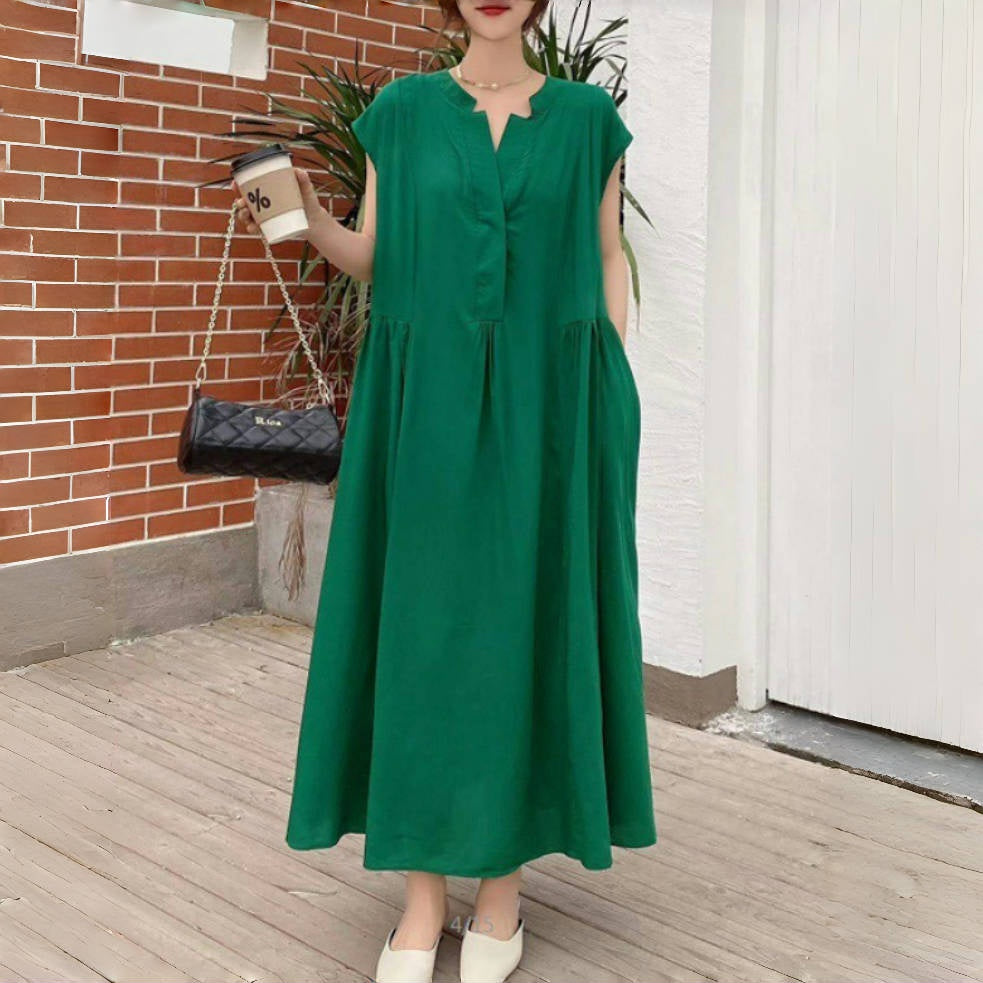 【ワンピース】夏 レトロアート風 ミディ丈 無地 ゆったり 大きいサイズ 半袖ワンピース