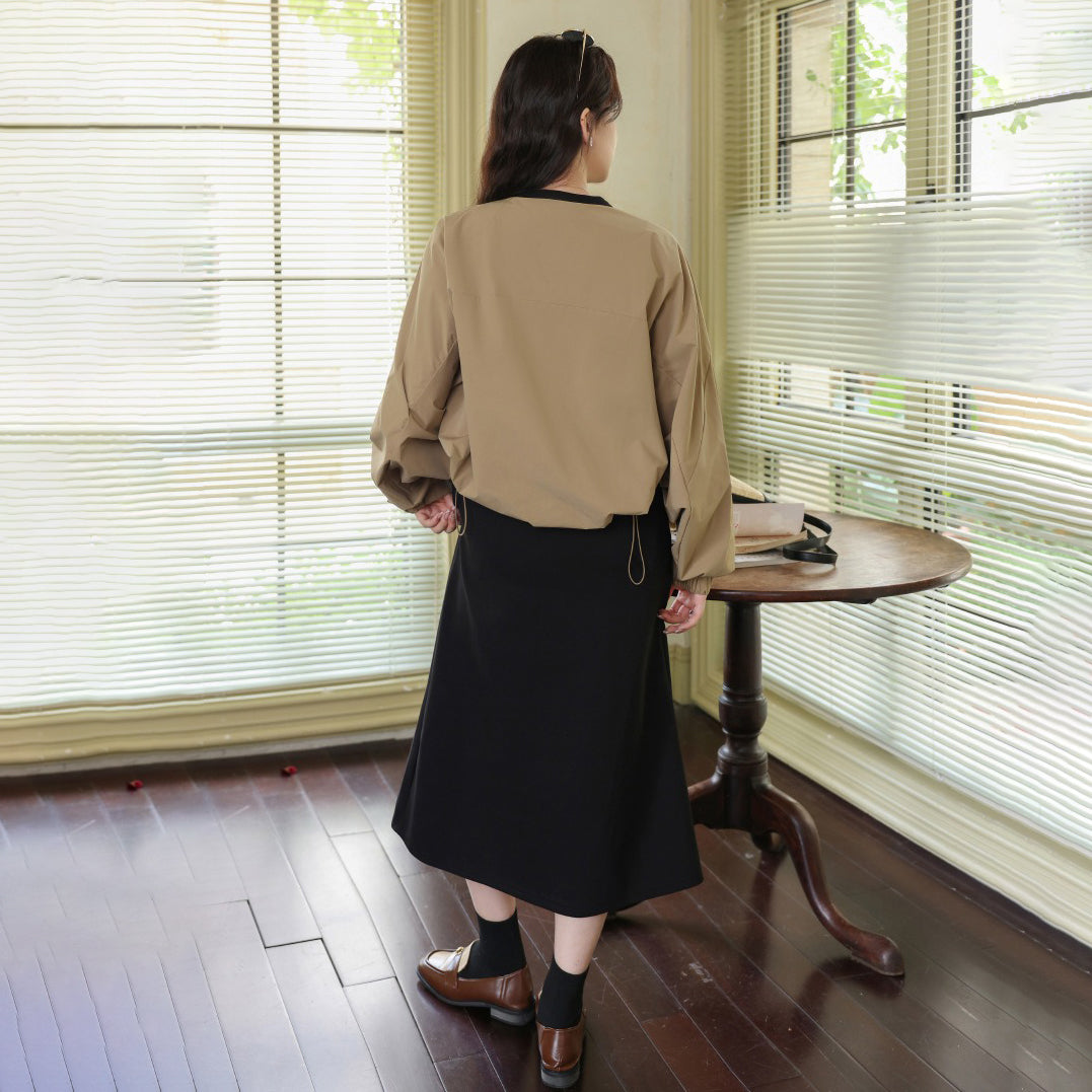 【ワンピース】フレンチ配色 ゆったり 長袖ワンピース 体型カバー 個性派ドッキング風