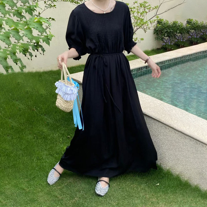 【ワンピース】10色展開 韓国風 レトロ＆アートテイスト ゆったり大きいサイズ 無地 半袖ワンピース