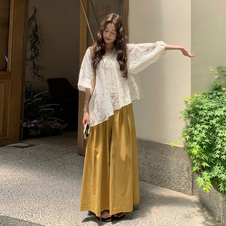 2点セット！【セットアップ】レディース 上下セット フレンチガーリー レース Vネック トップス＋ワイドパンツ 細見え ゆったり 上品 きれいめ 夏新作【SHシリーズ】