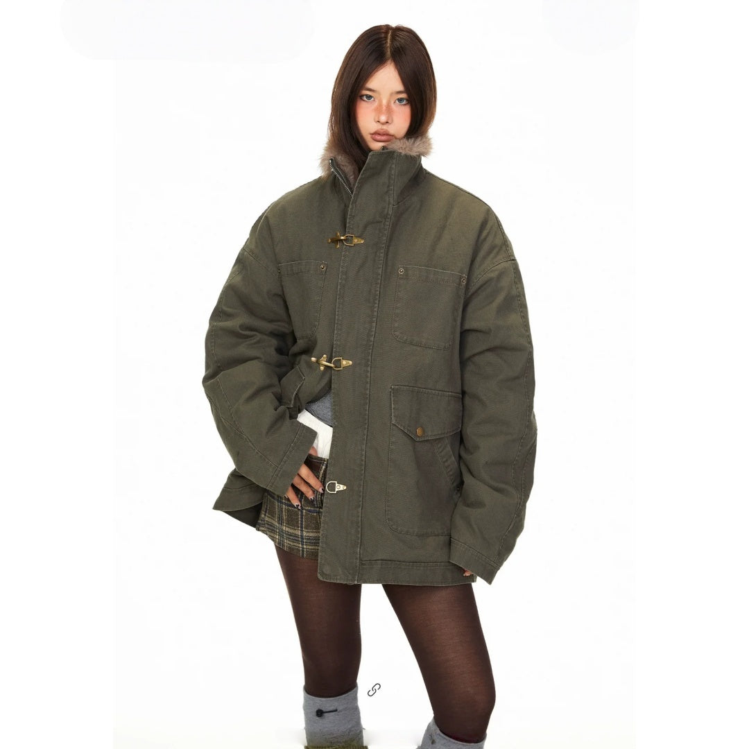 【アウター】フライトバックル 保温性のある ワーク風 ファー襟 綿入れコート 【FCシリーズ】