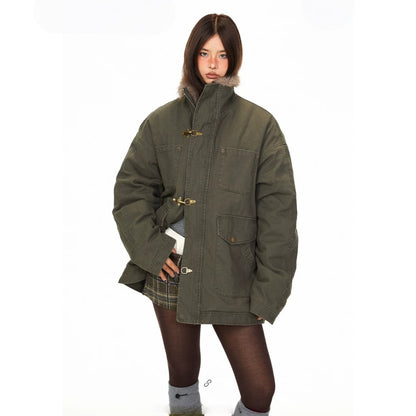 【アウター】フライトバックル 保温性のある ワーク風 ファー襟 綿入れコート 【FCシリーズ】