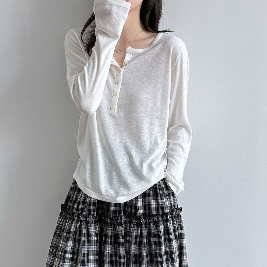 6color【トップス】秋新作 ヘンリーネックニット レディース 長袖Ｔシャツ ゆったり インナー レイヤードコーデ【JZシリーズ】