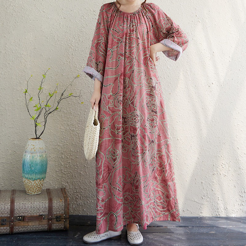 期間限定🍂60%OFF【ワンピース】リゾート風ギャザーワンピース レディース 秋新作 長袖 ロング丈 クルーネック ゆったり ナチュラル【SHシリーズ】