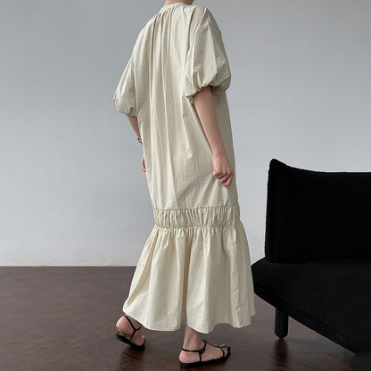 【ワンピース】韓国風 リボン付き パフスリーブ バルーンシルエット ロングワンピース 夏 着痩せ効果 半袖ドレス【JZシリーズ】