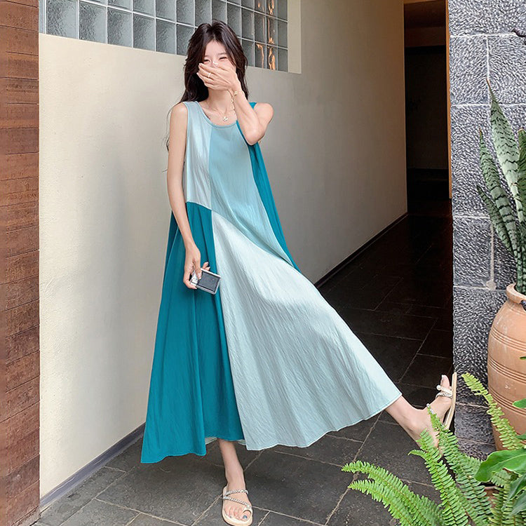 【ワンピース】夏新作 デザイナーズ風 上品 ノースリーブワンピース ハイウエスト 高見え配色 着痩せシルエット【SHシリーズ】