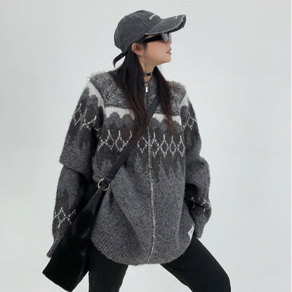 【24AW】【アウター】【15～20日内発送】レトロ 厚手 ラウンドネック ファスナー付き  セーター ジャケット 【FCシリーズ】