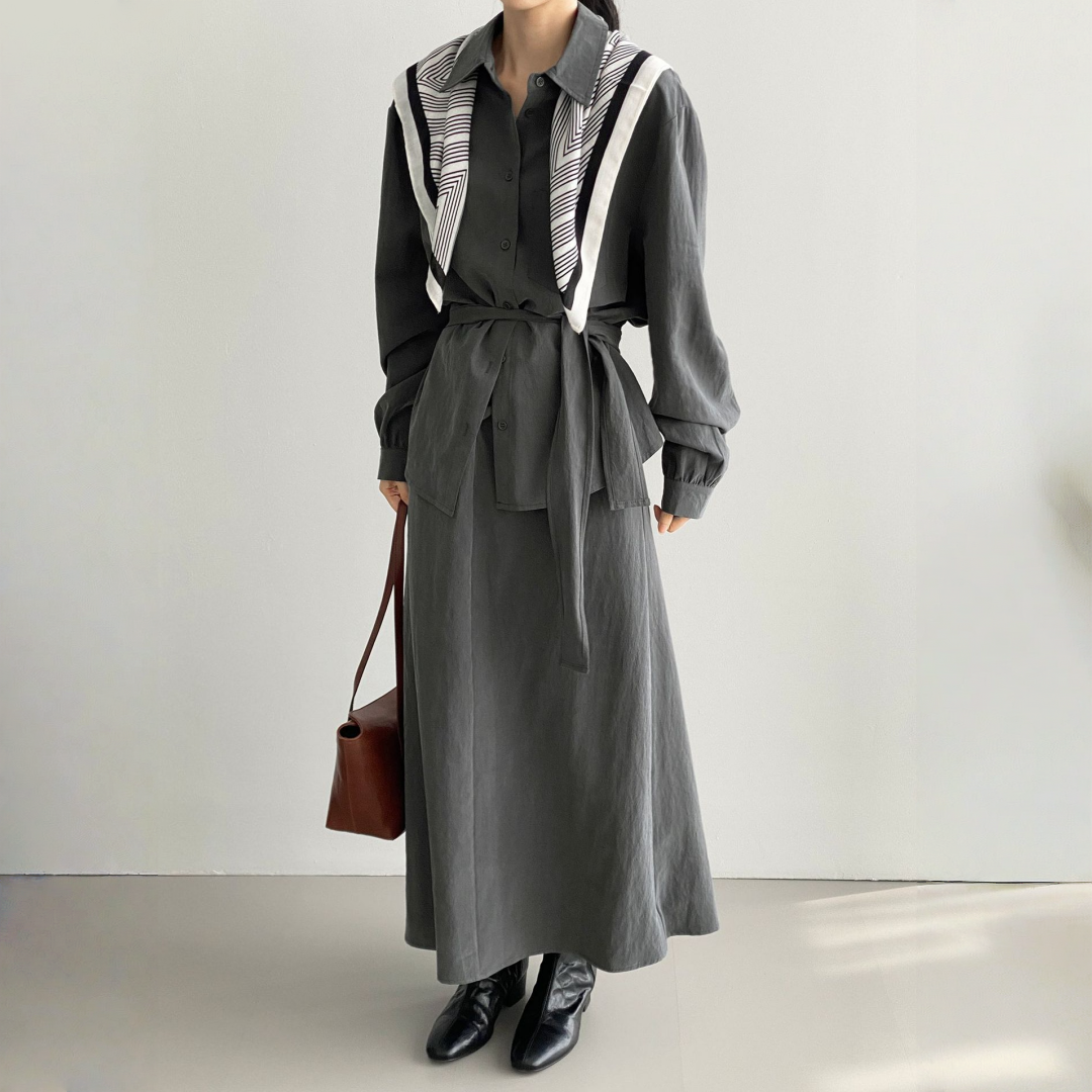 【ワンピース】春 秋 冬  通勤 長袖 紐付きロングワンピース 【JZシリーズ】