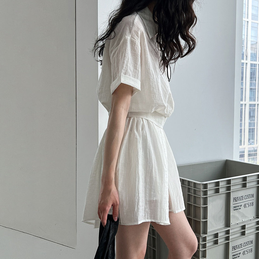 2点セット！【セットアップ】日系シンプル 半袖シャツ＋ワイドショートスカート 夏 通勤＆カジュアル上下セット【JZシリーズ】