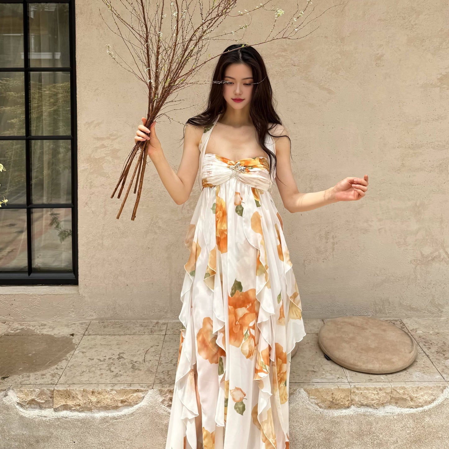 【ワンピース】フレンチ ホルターネック ベアトップ ノースリーブドレス｜バックレス リボン 2026新作｜海辺 ビーチ リゾート ロング丈 映えワンピース【SHシリーズ】